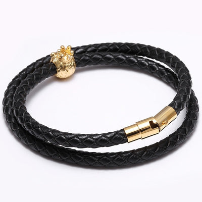 King Leo 24K Gold Plated Leather Bracelet